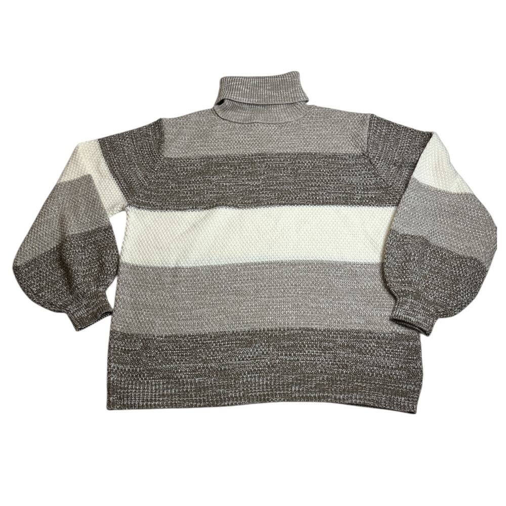 Zenana Sweater Women's Medium Brown White Color Block Cable Knit Turtle Neck New